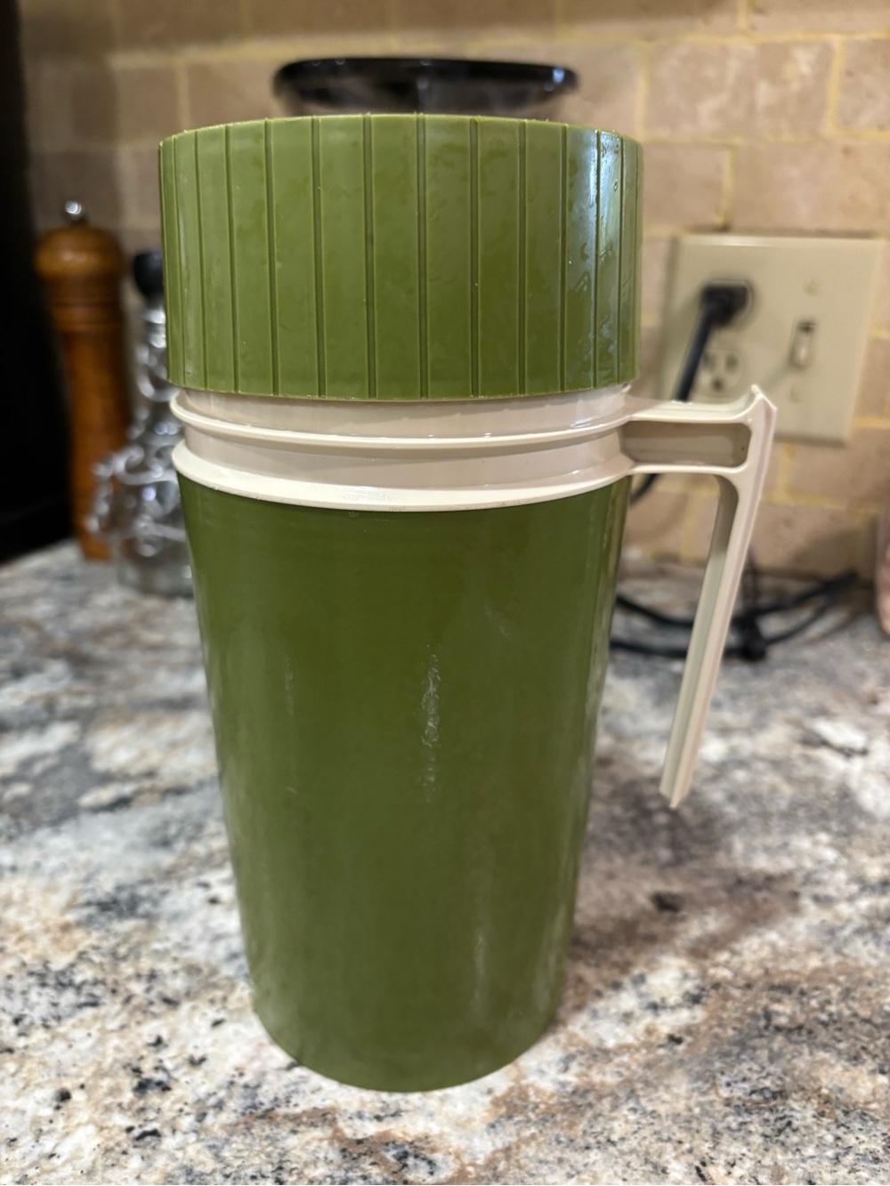 1970's Thermos  Olive Green Insulated Travel Mug with Handle glass lined.